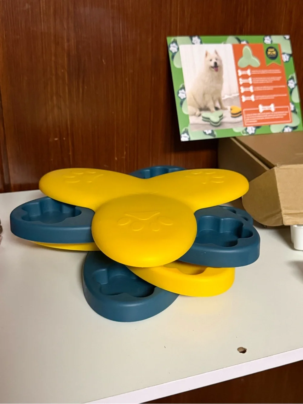 Interactive Yellow and Teal Dog Puzzle Feeder Toy